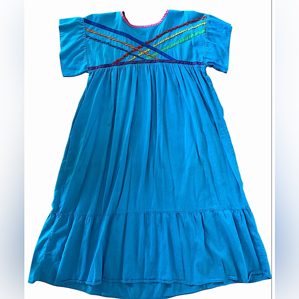 VINTAGE Appel / Vibrant Blue Dress with Colorful Embroidery size MD